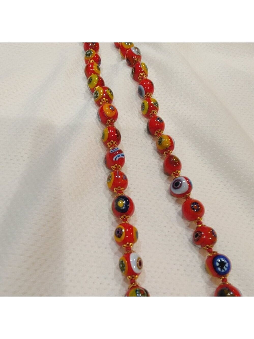 Vintage Murano Millefiori Glass Necklace – Red Beads with Floral Accents - Picture 4 of 6
